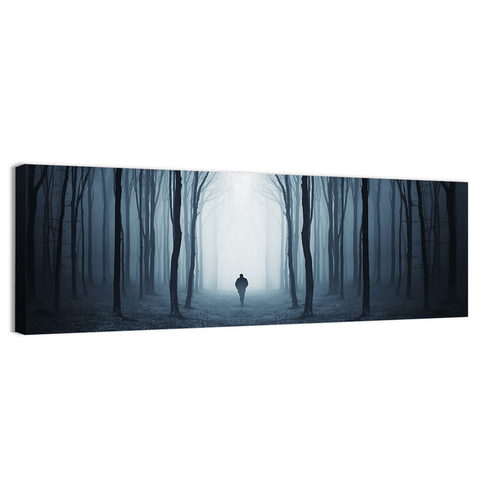 Lone Figure in Misty Forest Wall Art as a canvas print