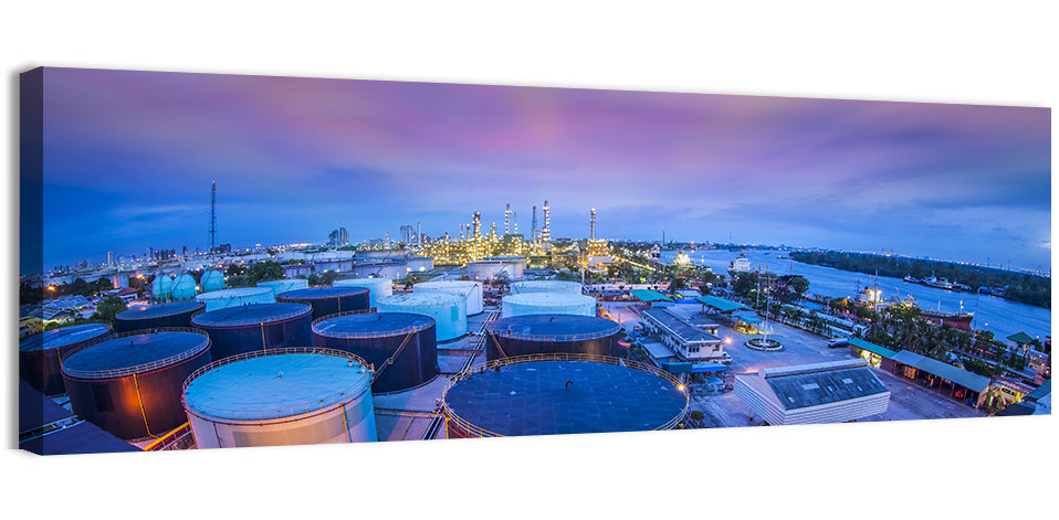Twilight Oil Refinery River View Wall Art, canvas print, panoramic