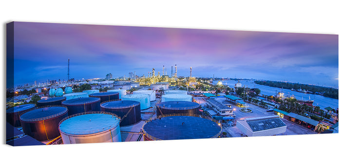 Twilight Oil Refinery River View Wall Art as a canvas print