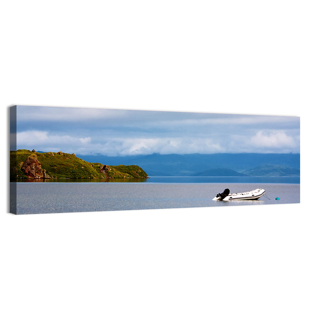 Kronotskое Lake with Boat Wall Art, canvas print, panoramic
