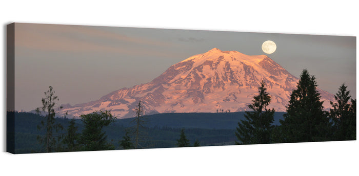 Mount Rainier Alpenglow with Full Moon Wall Art as a canvas print