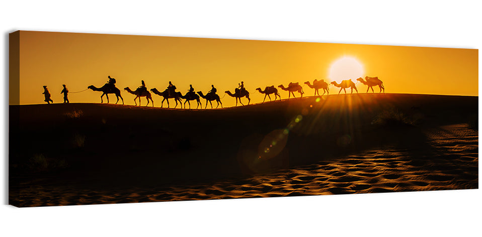Camel Caravan Silhouette at Golden Sunset Wall Art, canvas print, panoramic