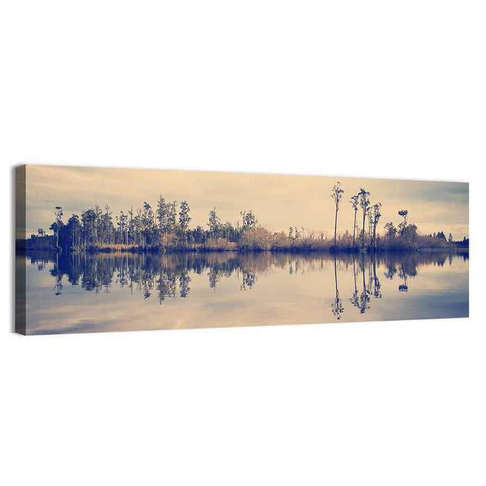 Sunset Over Forest Lake Wall Art as a canvas print