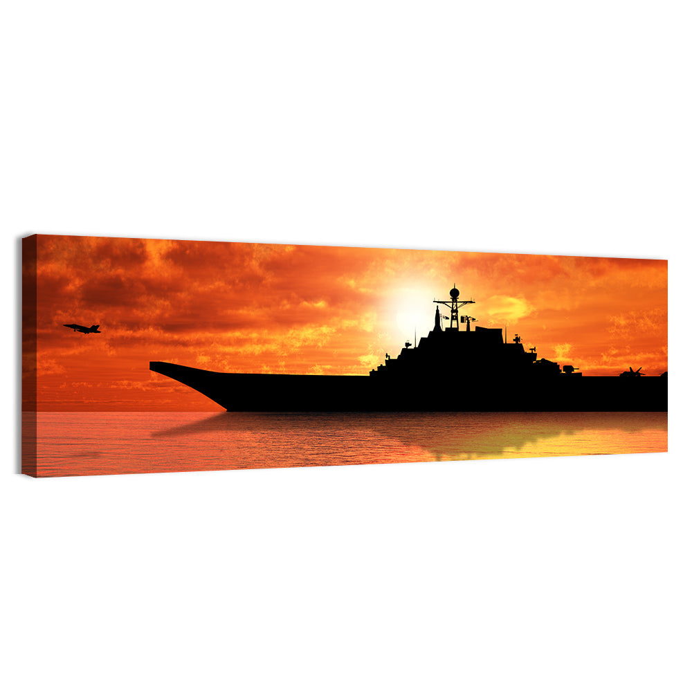 Sunset Aircraft Carrier Silhouette Wall Art, canvas print, panoramic