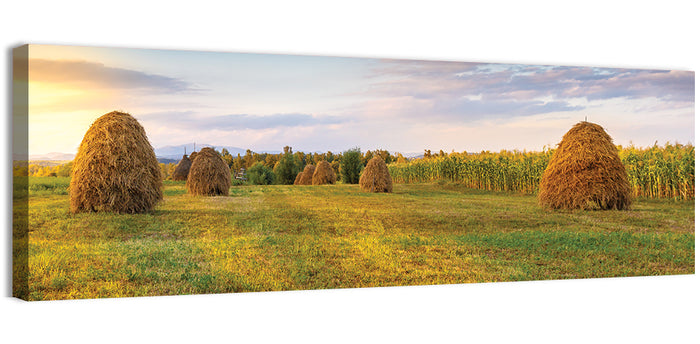 Haystacks at Sunset Fieldscape Wall Art as a canvas print