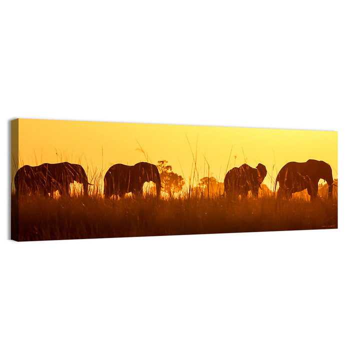 Golden Sunset Elephant Herd Wall Art as a canvas print