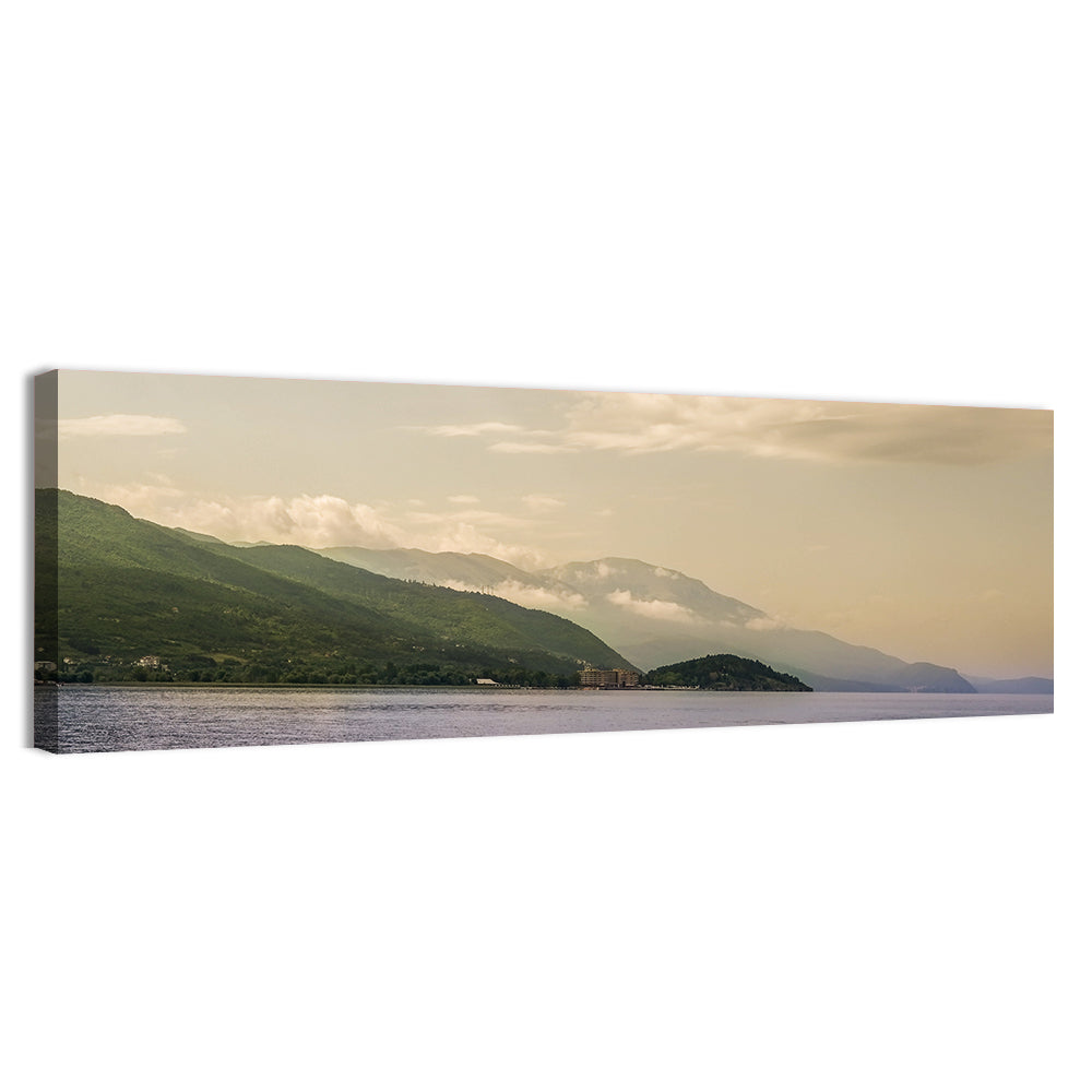 Ohrid Lakeshore Mountain View Wall Art, canvas print, panoramic