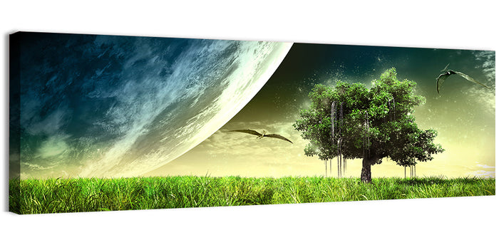 Alien Meadow Under a Giant Planet Wall Art as a canvas print