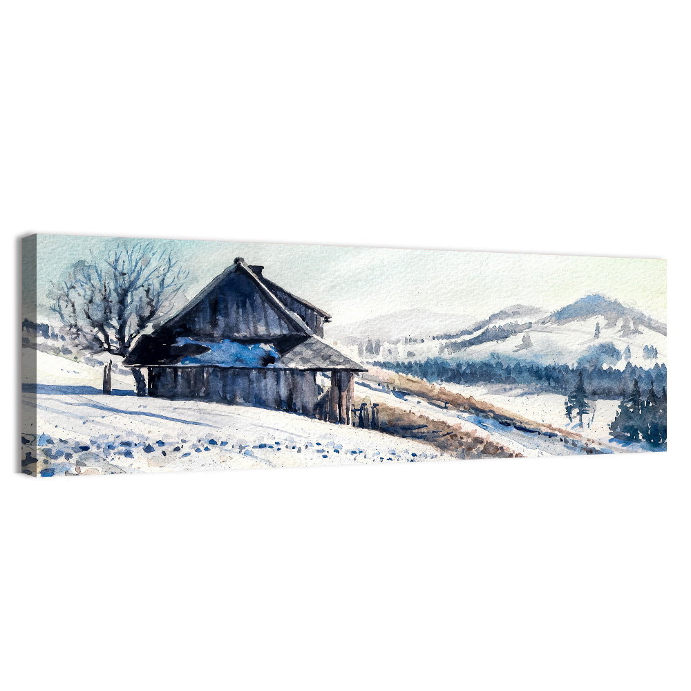 Snowy Mountain Cabin Wall Art, canvas print, panoramic