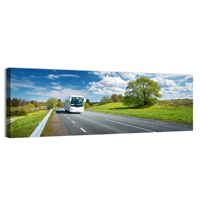 White Bus on Meadow Road Wall Art as a canvas print