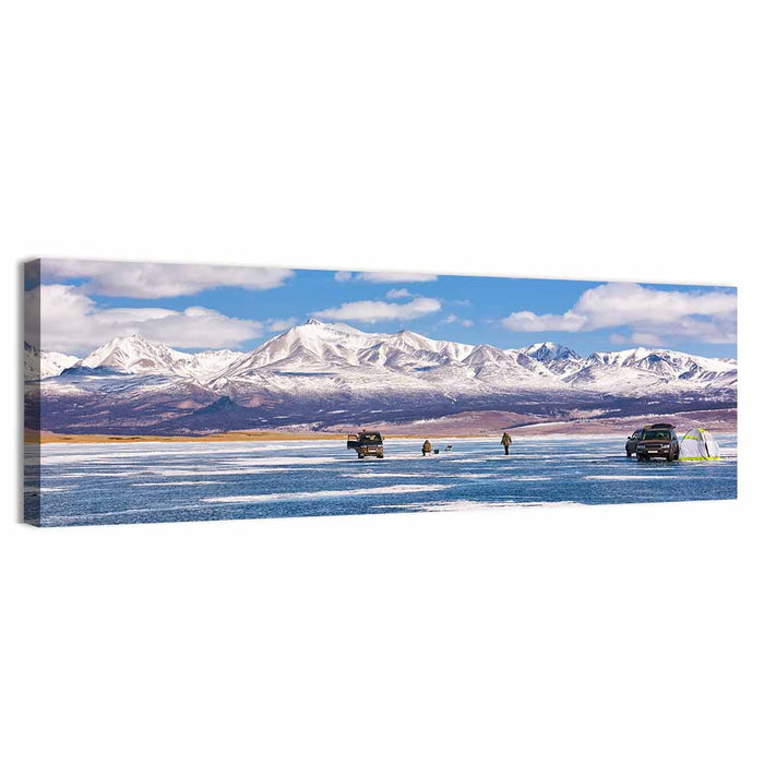 Lake Hovsgol Winter Ice Fishing Wall Art as a canvas print