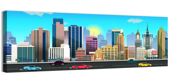 Geometric City Skyline with Sun Flare Wall Art as a canvas print