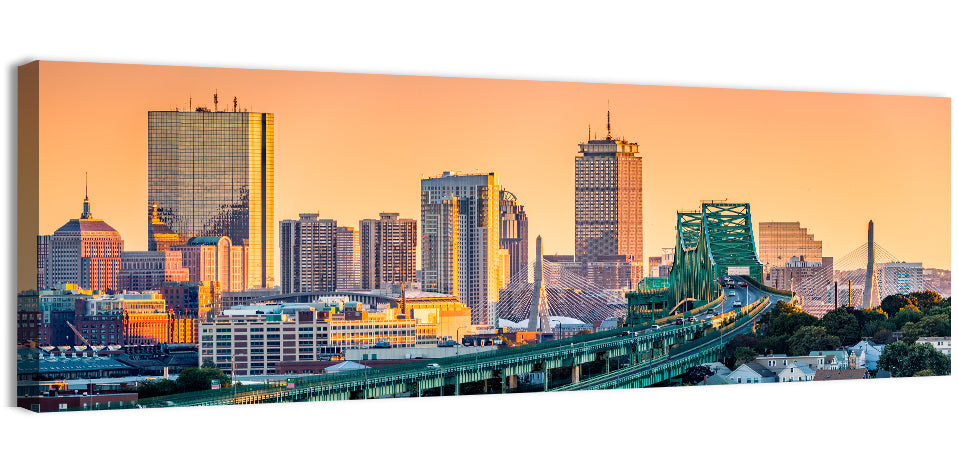 Tobin Bridge to Boston Skyline at Golden Hour Wall Art, canvas print, panoramic
