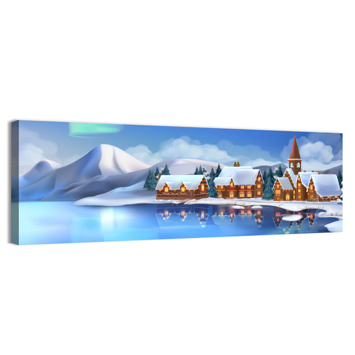 Northern Lights Winter Village Wall Art as a canvas print