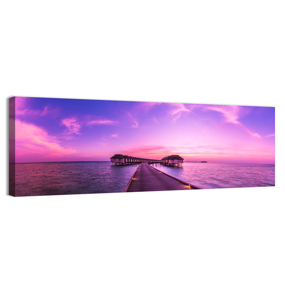 Sunset Pier Overwater Bungalows Wall Art, canvas print, panoramic