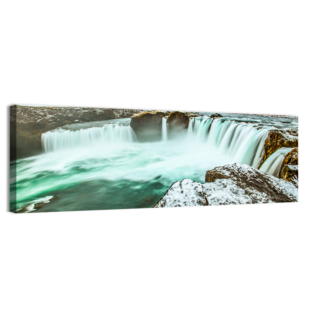 Goðafoss Winter Waterfall Wall Art, canvas print, panoramic