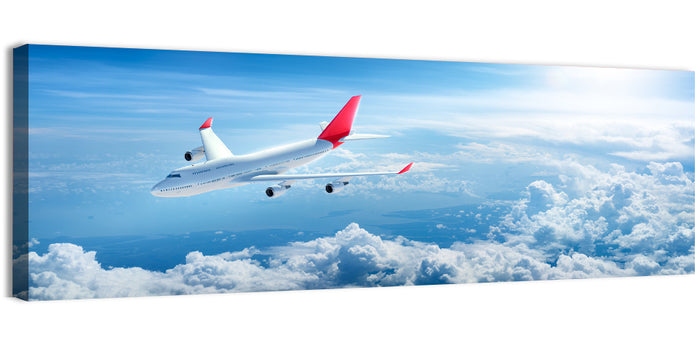 Airplane Over Blue Cloudscape Wall Art as a canvas print