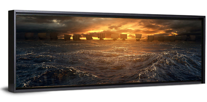 Viking Longships at Sunset Wall Art as a framed canvas