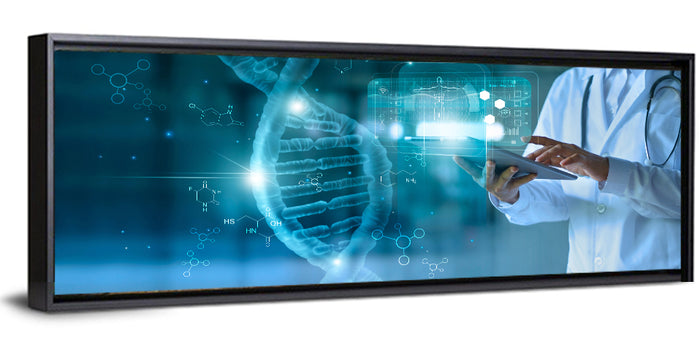 Doctor with Dna Helix Wall Art as a framed canvas