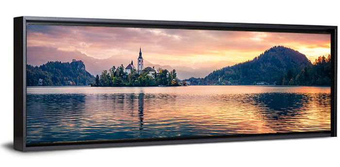 Golden Hour at Bled Island Wall Art as a framed canvas