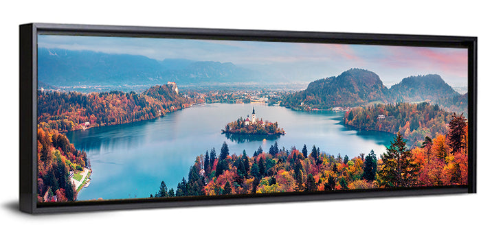 Sunset Over Lake Bled Wall Art as a framed canvas