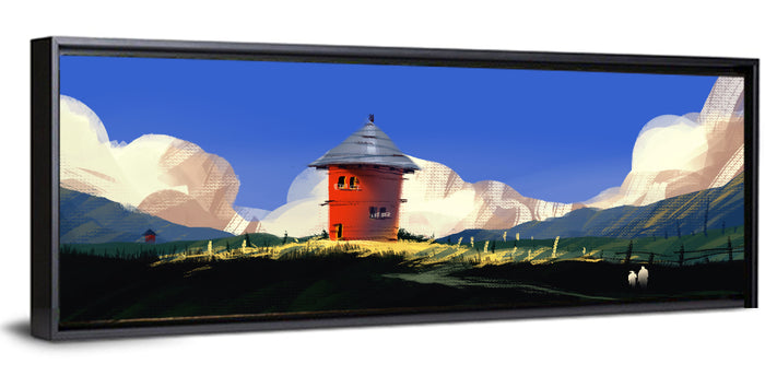 Red Tower in Meadow Wall Art as a framed canvas