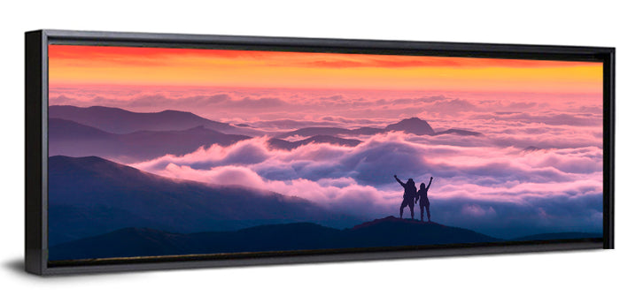Sunset Summit Hikers Wall Art as a framed canvas