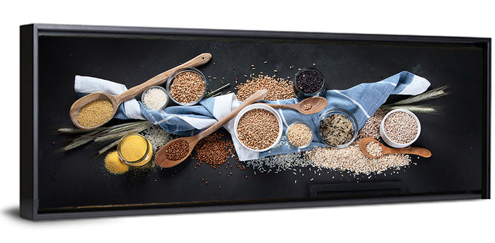 Assorted Grains in Bowls Wall Art as a framed canvas
