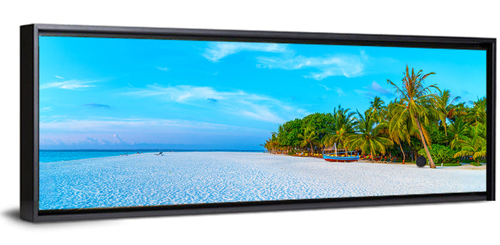 Blue Boat on Caribbean Beach Wall Art as a framed canvas