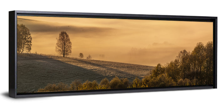 Misty Valley Morning Light Wall Art as a framed canvas