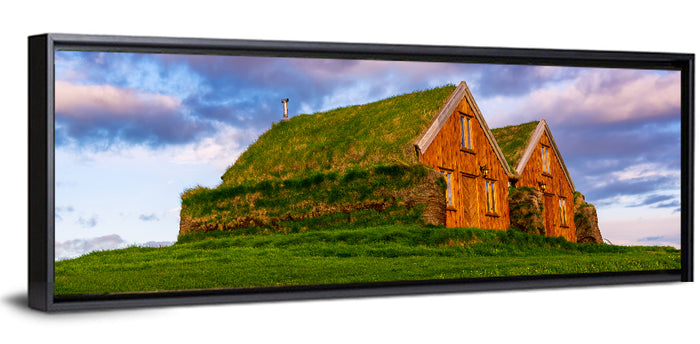 Icelandic Turf Houses at Dusk Wall Art as a framed canvas