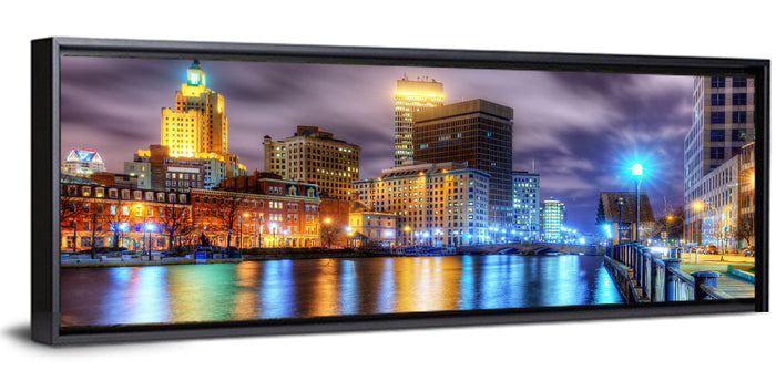 Providence River Night Skyline Wall Art as a framed canvas