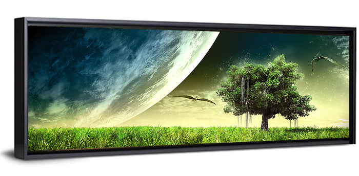 Alien Meadow Under a Giant Planet Wall Art as a framed canvas