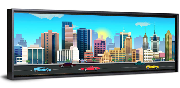 Geometric City Skyline with Sun Flare Wall Art as a framed canvas