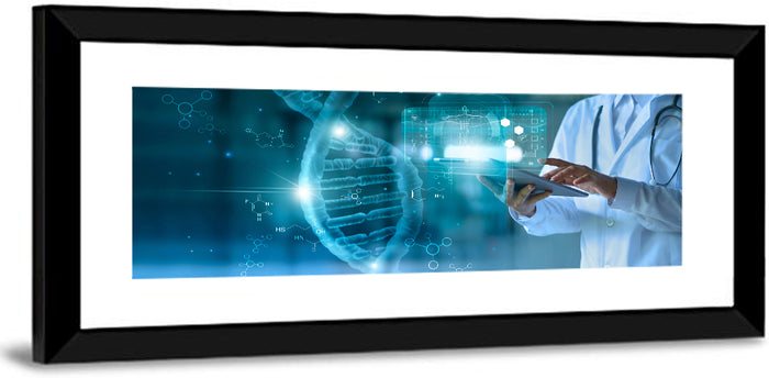Doctor with Dna Helix Wall Art as a framed print