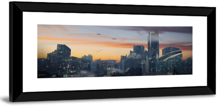 Futuristic City Skyline at Dusk Wall Art as a framed print