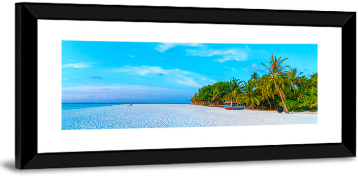 Blue Boat on Caribbean Beach Wall Art as a framed print
