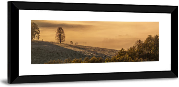 Misty Valley Morning Light Wall Art as a framed print