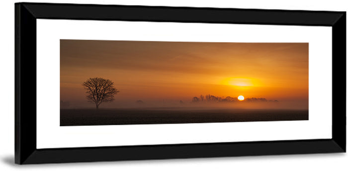 Sunrise Over Foggy Farmland Wall Art as a framed print