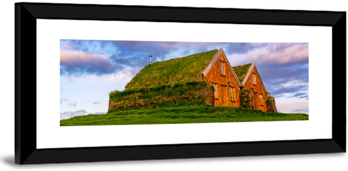 Icelandic Turf Houses at Dusk Wall Art as a framed print