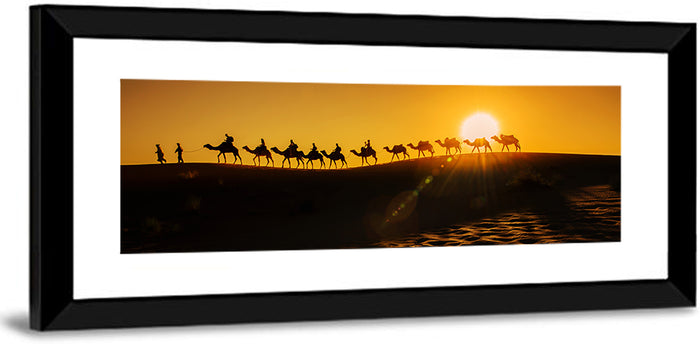 Camel Caravan Silhouette at Golden Sunset Wall Art as a framed print