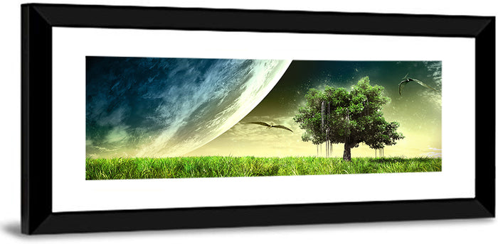 Alien Meadow Under a Giant Planet Wall Art as a framed print