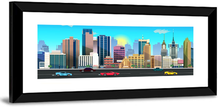 Geometric City Skyline with Sun Flare Wall Art as a framed print