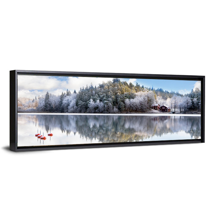 Red Cottages on Winter Lake Wall Art as a framed canvas