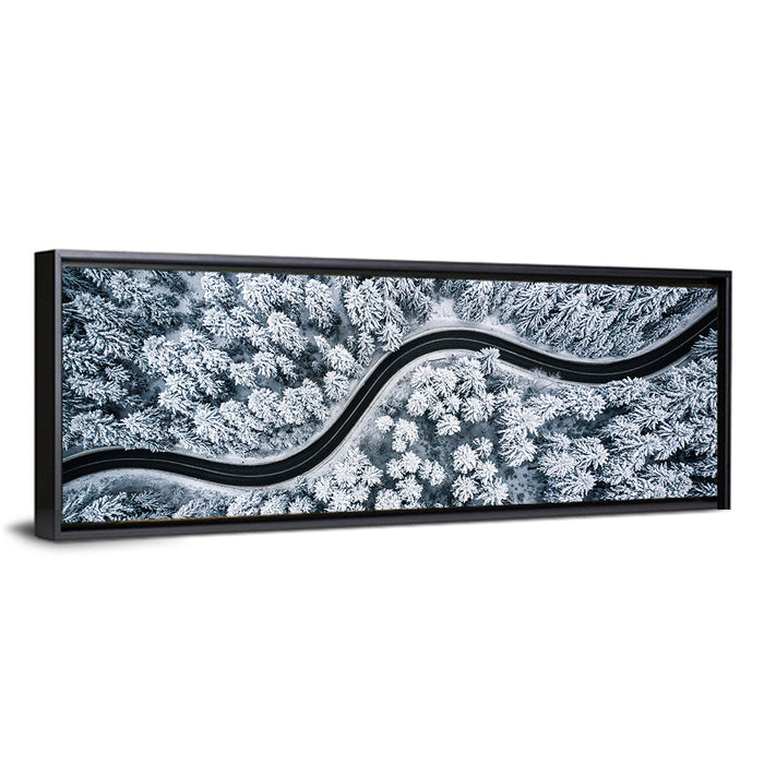 S-curve Winter Forest Road Wall Art as a framed canvas