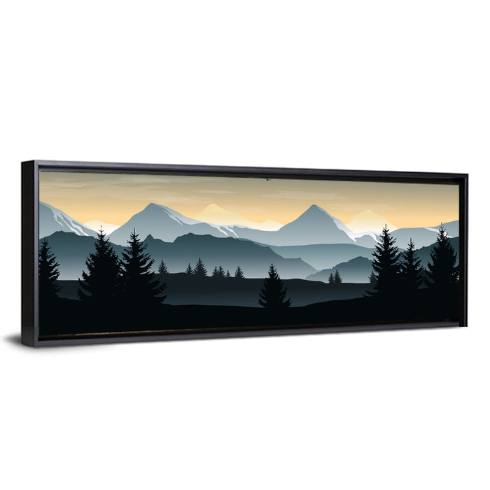 Misty Hills Sunset Silhouette Wall Art as a framed canvas