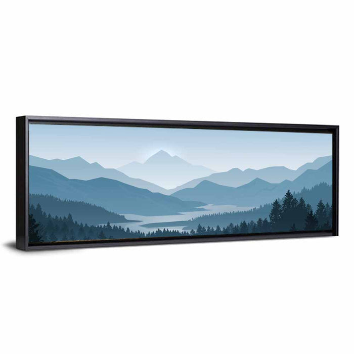 Misty Mountain Lake Silhouette Wall Art as a framed canvas