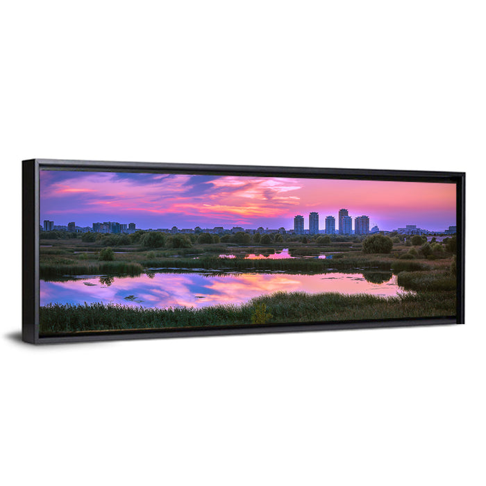 Vacaresti Park Sunset Reflection Wall Art as a framed canvas