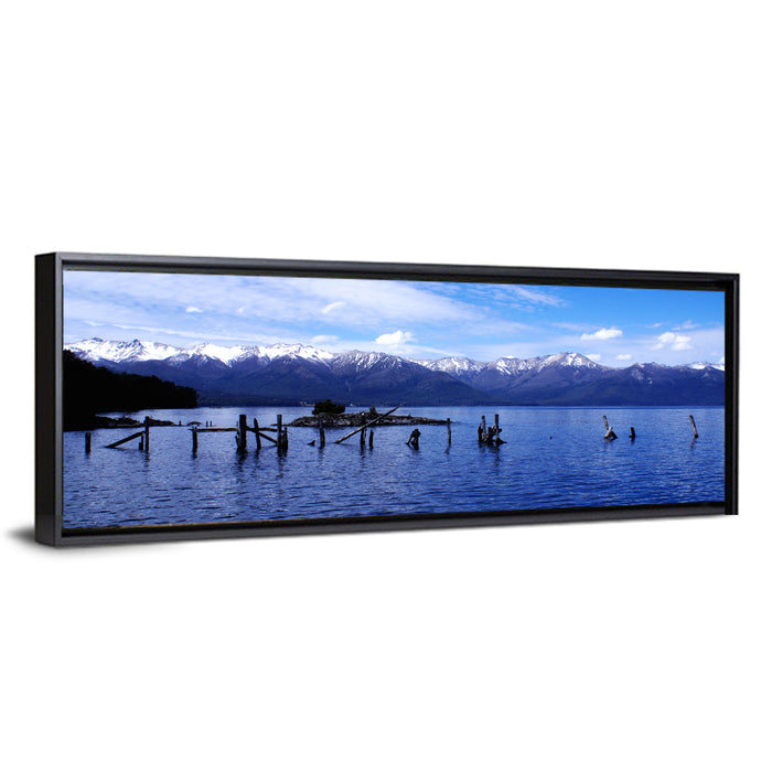 Nahuel Huapi Lake with Wooden Pilings Wall Art as a framed canvas