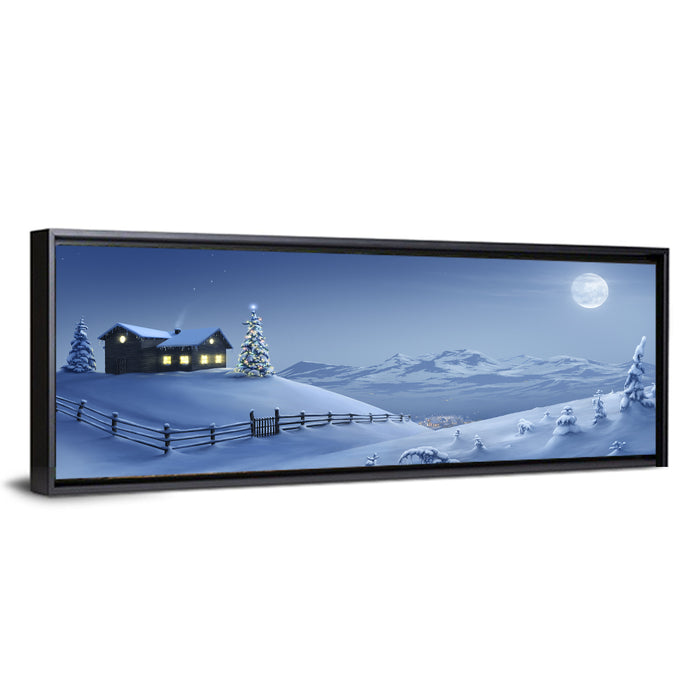 Snowy Mountain Cabin at Night Wall Art as a framed canvas